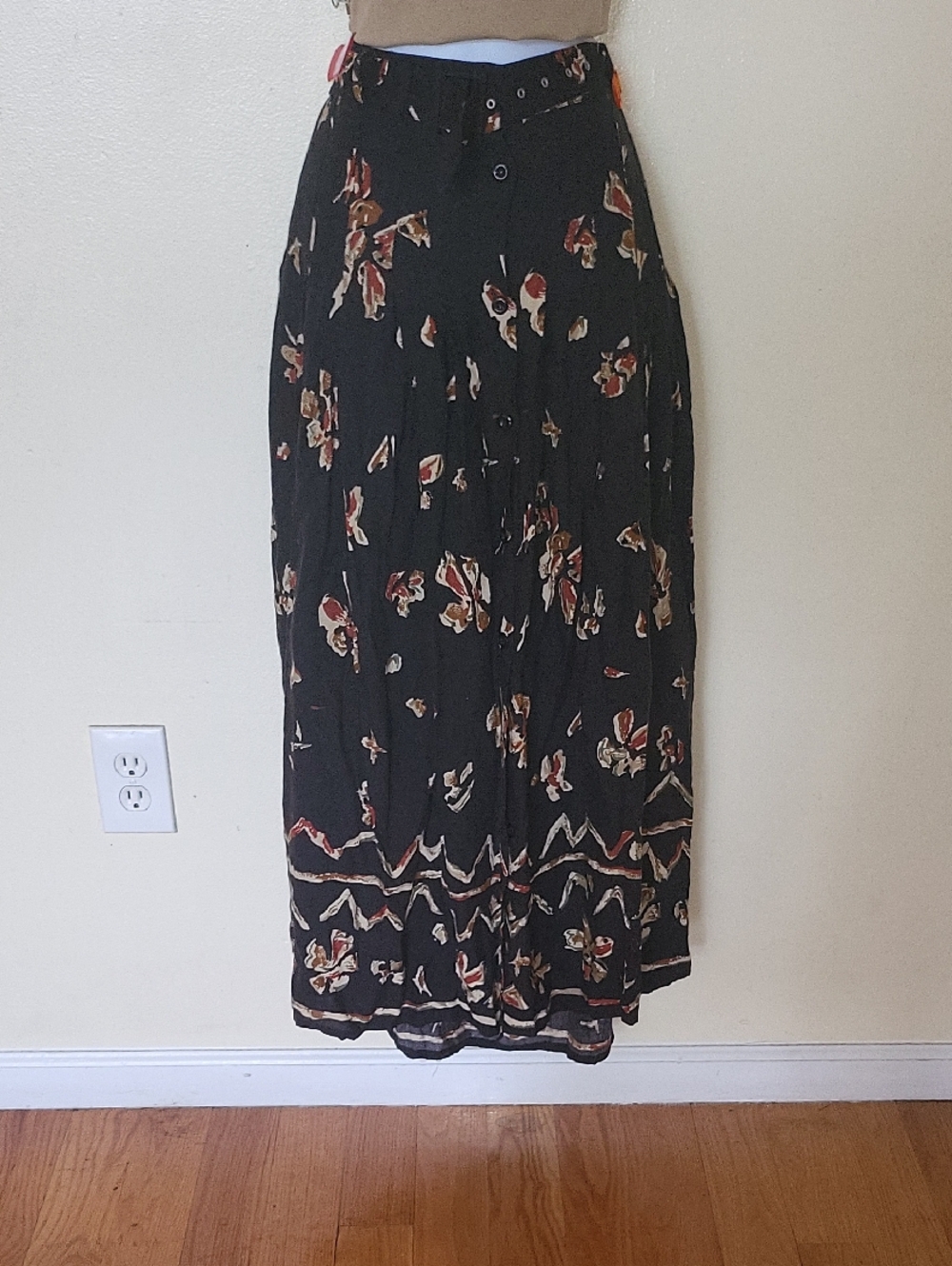 Together Black Maxi Skirt with Red and Cream Floral Print. About 33in Waist